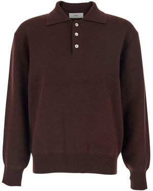 DUNST Sweater With Polo Collar And Ribbed Details - Brown