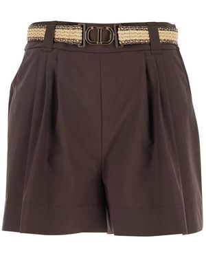 Twinset Shorts With Waist Belt And Metallic Logo Plaque - Brown
