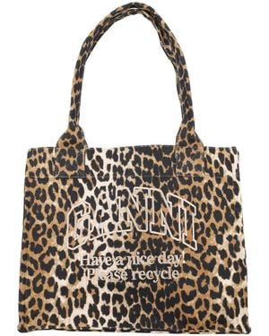 Ganni Leopard-Print Canvas Tote Bag - Black