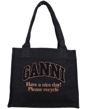 Ganni Denim Large Tote Bag - Black