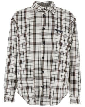 MSGM Shirt With Logo Embroidery On The Front And All-Over Check Motif - Grey