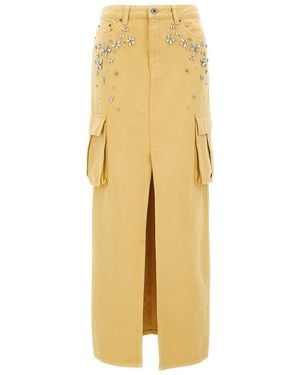 Self-Portrait 'Embellished Denim Cargo Maxi' Skirt - Yellow