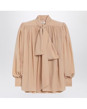 Chloé Ruched Sand-coloured Blouse With Lavallière Tie - Natural