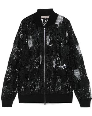 D.exterior Bomber Jacket With Lace Floral Embroidery - Black