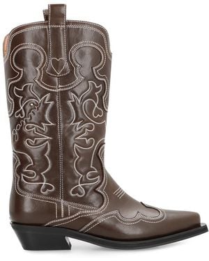 Ganni Leather Ankle Boots - Brown
