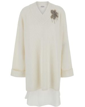 Brunello Cucinelli Short Dress With Beaded Decoration - White