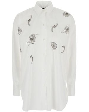 Plain Shirt With Classic Collar And Rhinestone Embellishments On The Front - White