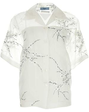 Prada Floral-Embroidered Short-Sleeved Sheer Shirt - White