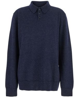 Maison Margiela Polo Shirt With Classic Collar And Suede Patch On The Back - Blue