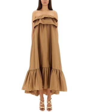 Saint Laurent Cotton Twill Ruffle Dress - Natural