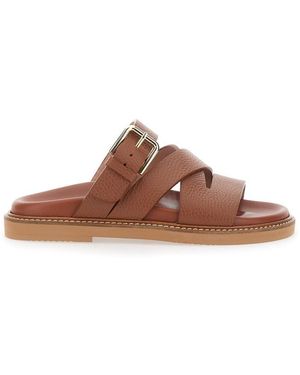 Pollini Brown Sandals With Round Open Toe And Buckle Closure In Leather Woman