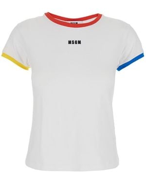 MSGM T-Shirt With Embroidered Logo On The Front And Contrasting Edges - White