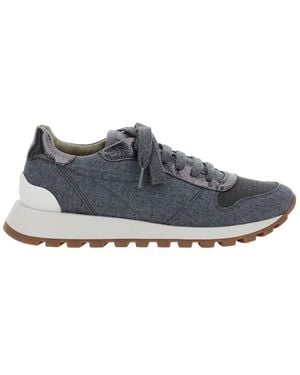 Brunello Cucinelli Gray Low Top Sneakers With Monil Detail On The Side And Embossed Logo Lettering On The Rear In Fabric Woman
