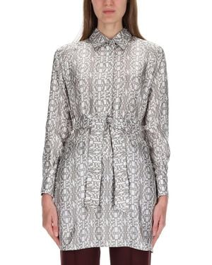 Max Mara Printed Silk Chemisier Dress - Gray