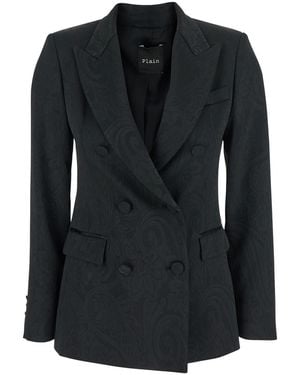 Plain Double-Breasted Jacket With Damask Effect - Black