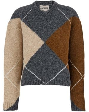 Semicouture Sweater With Round Neck And All-Over Argyle Motif - Brown