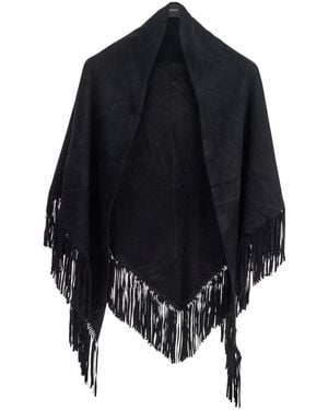 Plain 'elena' Black Cape With Fringed Hem In Fabric Woman - Blue