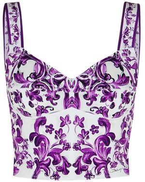 Dolce & Gabbana Majolica Print Cotton Blend Bustier - Purple