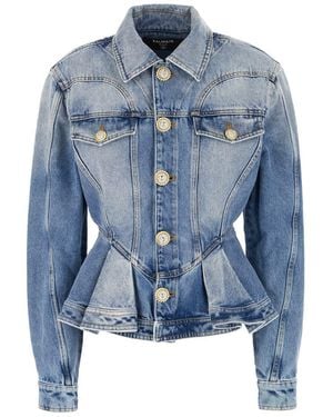 Balmain Peplum Denim Jacket - Blue