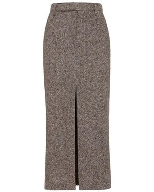 Brunello Cucinelli Wool And Silk Mélange Diagonal Sartorial Pencil Skirt With Monili - Brown