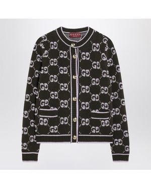 Gucci Military/Lilac Cardigan With Gg Jacquard Bouclé - Black