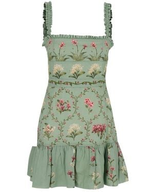 Agua Bendita 'nieve' Green Long Dress With All-over Floral Print In Linen Woman