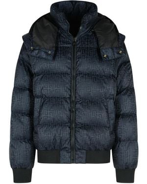 Balmain Short Nylon Jacquard Down Jacket With Black Monogram - Blue