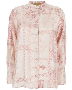 Momoní Pink Shirt With All-over Print And Stand-up Collar In Silk Woman