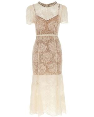 Self-Portrait Cream Tulle Lace Midi Dress Clothing - Natural