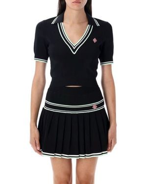 CASABLANCA Viscose V-Neck Polo Shirt - Black