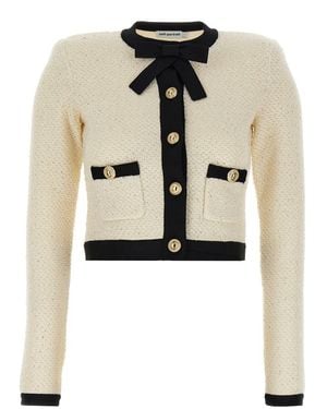 Self-Portrait 'Cream Sequin Pussy Bow' Cardigan - Natural