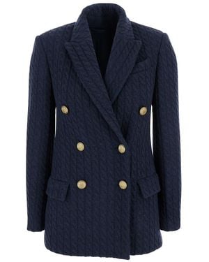 Brunello Cucinelli Cable Knit Double-Breasted Jacket With Peak Revers - Blue