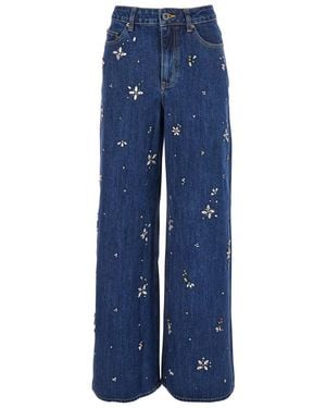 Self-Portrait Embellished Wide Leg Jeans - Blue