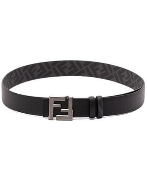 Fendi Ff Squared Leather And Ff Canvas Reversible Belt Accessories - Black