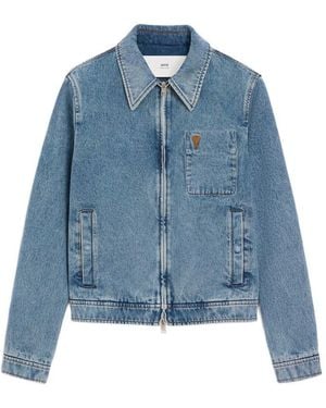 Ami Paris Light Denim Jacket With Iconic Heart Detail - Blue