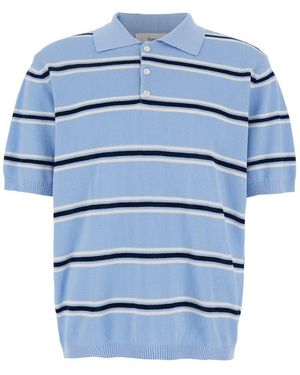 DUNST Light Polo Shirt With All-Over Striped Motif And Ribbed Edges - Blue