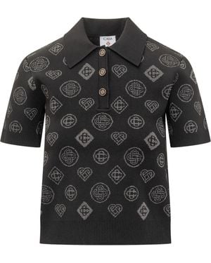 CASABLANCA Knitted Polo Shirt With Monogram Pattern - Black