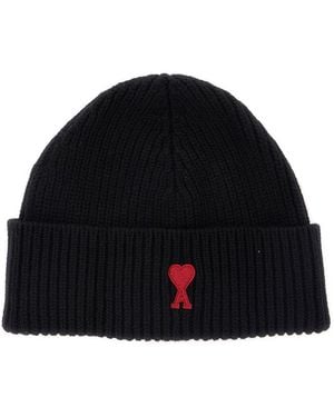 Ami Paris Beanie With Turn-Up Brim And Adc Embroidery On The Front - Black