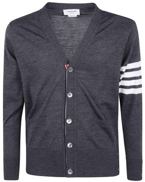 Thom Browne Classic V Neck Cardigan In Fine Merino Wool With 4 Bar Stripes Clothing - Blue