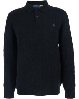 Polo Ralph Lauren Sweater With Polo Shirt Style Collar And Pony Embroidery On The Front - Blue