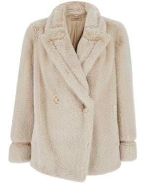 Twinset White Double-breasted Coat With Peak Revers In Ecofur Woman - Natural