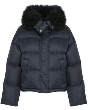 Yves Salomon Doushort Down Jacket Fluffy Lambswool Trimdoune 60cm Clothing - Blue
