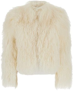 Plain White Cropped Fur Jacket With Concealed Front Closure In Shearling Fur Woman - Natural