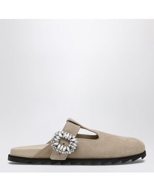 Roger Vivier Slidy Viv Mules In Suede - Natural
