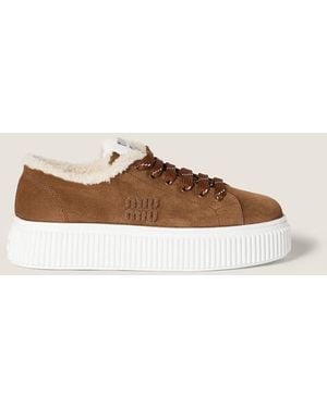 Miu Miu Suede And Shearling Sneakers - Brown