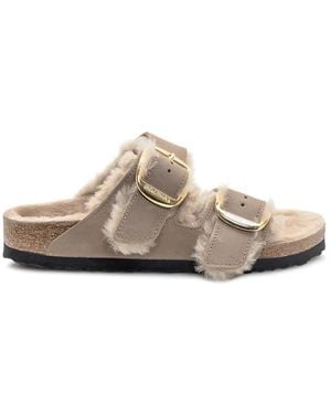 Birkenstock Arizona Shearling Sandals With Golden Buckle - White