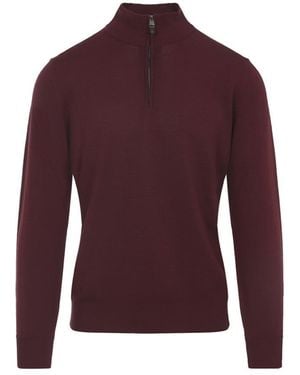 Canali Burgundy Virgin Wool Half Zip High Neck Sweater - Purple