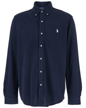 Polo Ralph Lauren Ultra-Lightweight Shirt With Button-Down Collar And Pony Embroidery On The Front - Blue