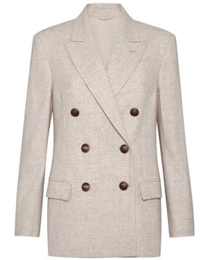 Brunello Cucinelli Virgin Wool And Cashmere Twill Flannel Blazer With Monili Clothing - Natural