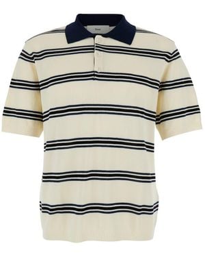 DUNST Polo Shirt With All-Over Striped Motif And Ribbed Edges - White